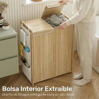 Cesto Ropa Sucia Bambú 120L 2 Bolsas Extraíbles