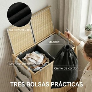 Cesto Ropa Sucia Bambú 120L 2 Bolsas Extraíbles