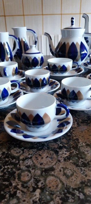 Juego de café Sargadelos hojas azul y blanco