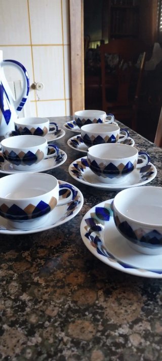 Juego de café Sargadelos hojas azul y blanco