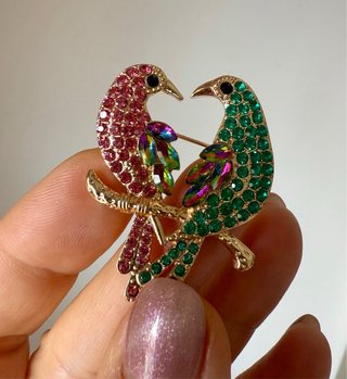 Broche Pássaros Rosa e Verde com Cristais