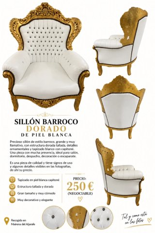 Sillón Barroco Piel Blanca y Dorado