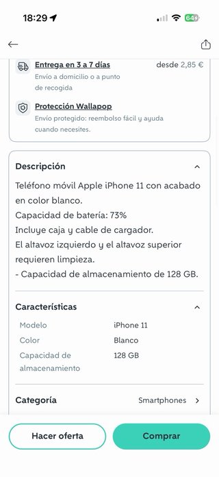 iPhone 11 128GB Blanco Batería 73%