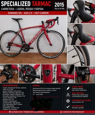 Specialized Tarmac 2015 Talla 54 (M) Carbono