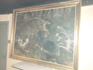 Cuadro de caza con perros y jabalí