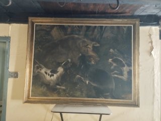 Cuadro de caza con perros y jabalí