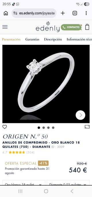 Anillo Oro Blanco Diamante TALLA ESTANDAR