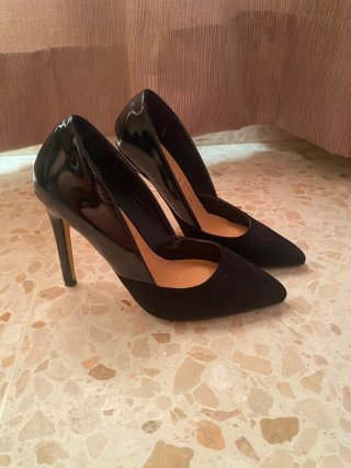Zapatos tacón negros charol y ante T35