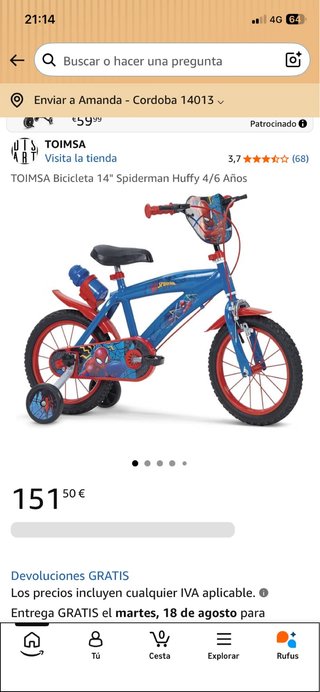 Bicicleta Spiderman 14 4/6 años