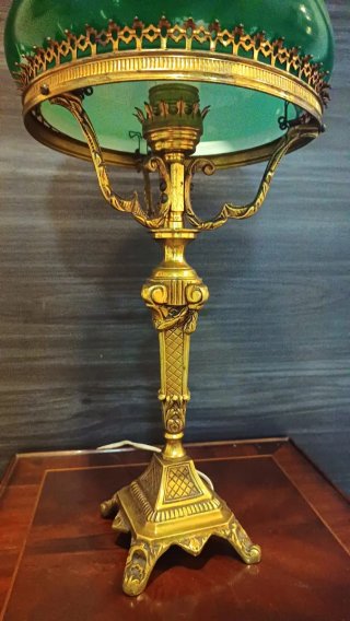 Lámpara Quinqué Antigua bronce y cristal
