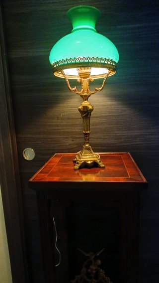 Lámpara Quinqué Antigua bronce y cristal