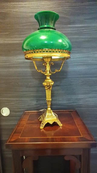 Lámpara Quinqué Antigua bronce y cristal