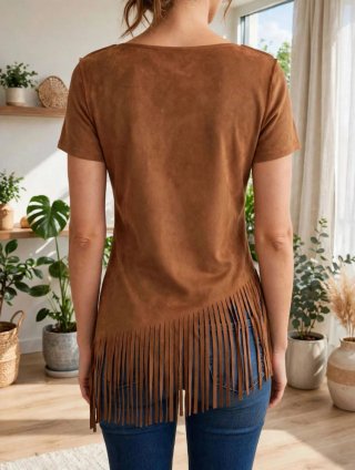 Camiseta marrón con flecos y mandala