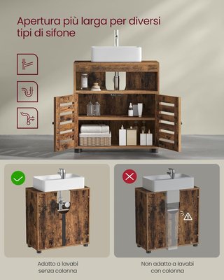 Mueble Bajo Lavabo, Mueble de Baño, Armario de Almacenamiento, 30 X 60 X 64 Cm, Adecuado para Lavabos Sin Columna, Con Doble Puerta de Persiana, Estante Regulable, Marrón Vintage BBK04BX