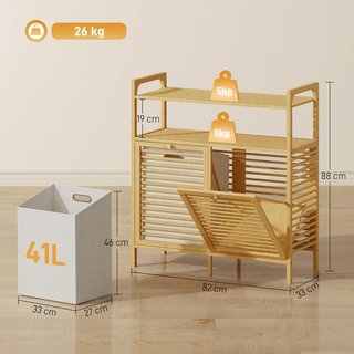 Mueble Portabienchería De Baño Con 2 Compartimentos Abatibles, 2X41L, Mueble De Ropa Sucia De Bambú Con Cestos Extraíbles Lavables Y 2 Estantes, Para Lavandería Y Baño, 82X33X88 Cm, Color Madera