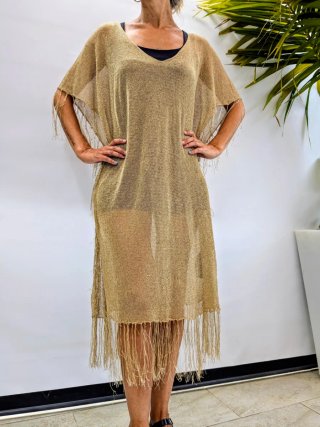 Vestido Zara Dorado Metalizado Flecos Kaftán Talla