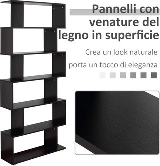Librería De Diseño, Librería de Pared Negra, 6 Estantes Descompuestos, Estructura en Zig-Zag, Moderna, Resistente, de Madera, para Salón y Oficina, 80X24X191Cm, Negro