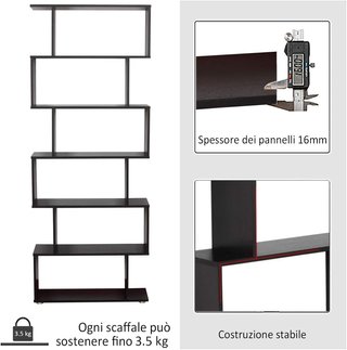 Librería De Diseño, Librería de Pared Negra, 6 Estantes Descompuestos, Estructura en Zig-Zag, Moderna, Resistente, de Madera, para Salón y Oficina, 80X24X191Cm, Negro