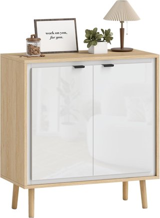 Credenza de Cocina Con 2 Puertas, Mueble de Cocina Moderno Con Estante Regulable y Patas de Madera, Credenza Buffet para Sala de Estar, Comedor y Salón, 72X35X77 Cm, Blanco Brillante y Roble