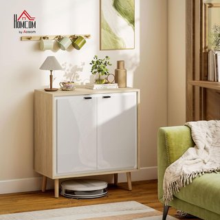 Credenza de Cocina Con 2 Puertas, Mueble de Cocina Moderno Con Estante Regulable y Patas de Madera, Credenza Buffet para Sala de Estar, Comedor y Salón, 72X35X77 Cm, Blanco Brillante y Roble
