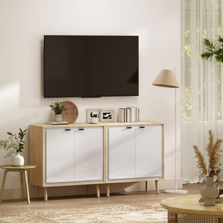 Credenza de Cocina Con 2 Puertas, Mueble de Cocina Moderno Con Estante Regulable y Patas de Madera, Credenza Buffet para Sala de Estar, Comedor y Salón, 72X35X77 Cm, Blanco Brillante y Roble