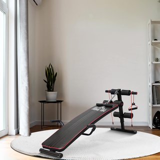 Banco de Abdominales en Casa Ajustable, Banco de Abdominales Inclinable Con Remo de Compresión y 2 Cuerdas Elásticas, 55.5 X 137.5 Cm Negro