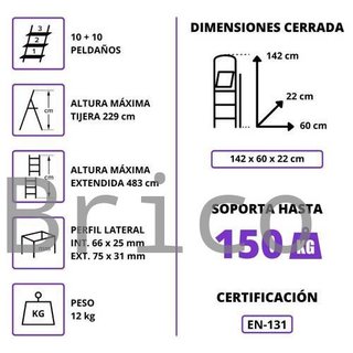 Escalera Telescópica Aluminio 5+5 Pestaña