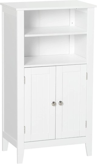 Mueble de Baño con Estantes Ajustables y Armario de 2 Puertas, Mueble de Baño Multiusos de Madera, Blanco, 50X30X93Cm