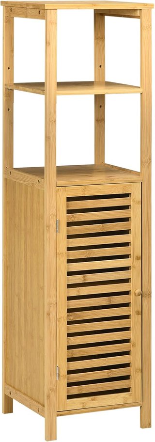 Armario de Baño de Bambú, Mueble de Baño con 2 Estantes Abiertos, Armario de 2 Niveles y Puerta de Ranura, 32.9X29.9X120 Cm