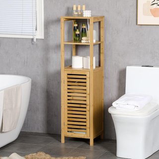 Armario de Baño de Bambú, Mueble de Baño con 2 Estantes Abiertos, Armario de 2 Niveles y Puerta de Ranura, 32.9X29.9X120 Cm
