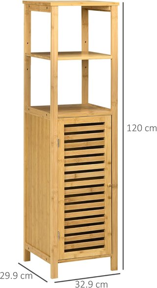 Armario de Baño de Bambú, Mueble de Baño con 2 Estantes Abiertos, Armario de 2 Niveles y Puerta de Ranura, 32.9X29.9X120 Cm