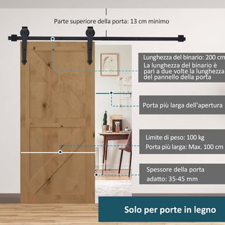 Kit de Puerta Corredera de 200CM/6.6FT Capacidad 100Kg, Riel para Puerta Corredera con Ruedas Estilo Rústico, Negro