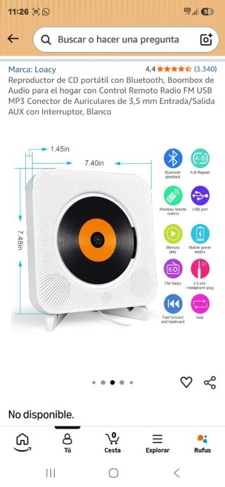 Reproductor de CD portátil con Bluetooth, USB MP3
