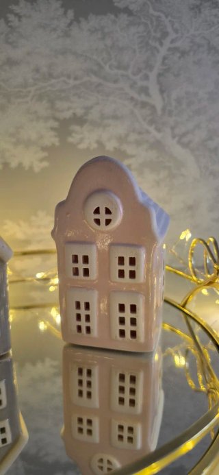 2 Casitas Cerámica Decorativas Gris y Rosa