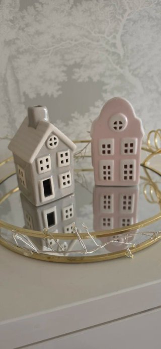 2 Casitas Cerámica Decorativas Gris y Rosa