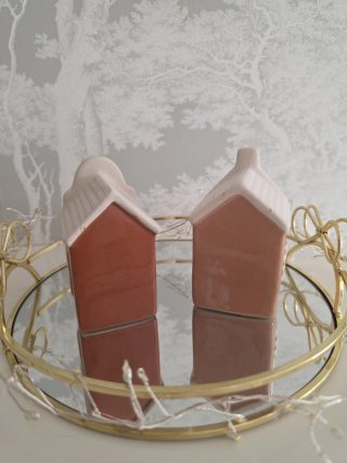 2 Casitas Cerámica Decorativas Gris y Rosa
