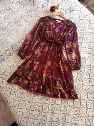 Vestido Gasa Flores Morado Talla M