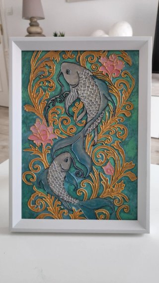 Cuadro Pintura Vidrio Peces Koi Dorado