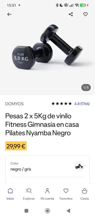 Mancuernas 5kg Vinilo Negro/Gris