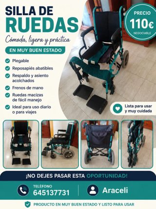 Vendo silla de ruedas ligera, cómoda y práctica,