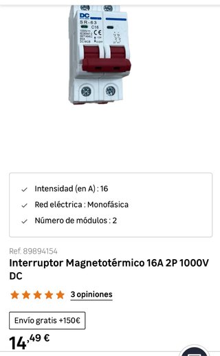 Interruptor Magnetotérmico DC 16A 2P 1000V
