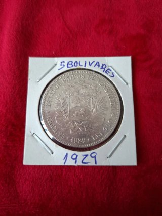Moneda 5 Bolívares Venezuela 1929 Plata