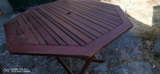 Mesa de jardín octogonal y 8 sillas de madera
