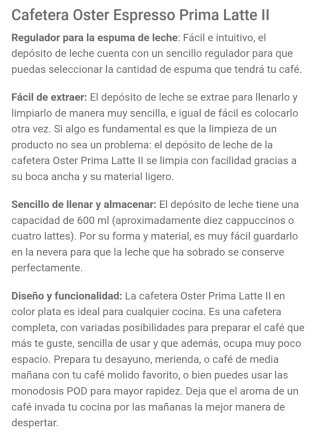 Cafetera Espresso Oster Prima Latte II OCF108X