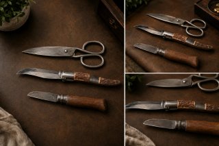 Cuchillas y tijeras de metal y madera