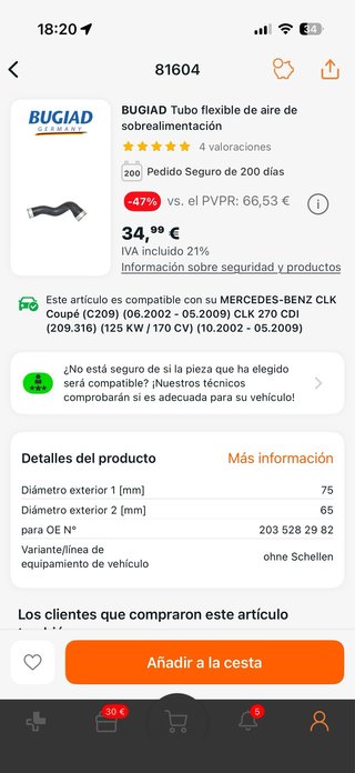 Tubo flexible aire sobrealimentación CLK 270 CDI