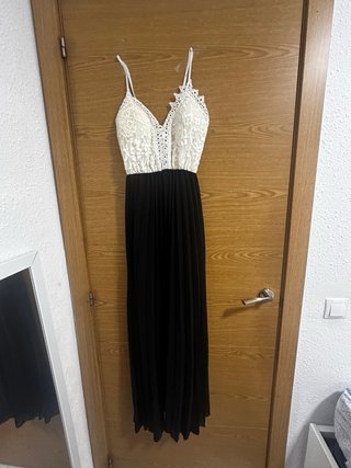 Vestido largo fiesta encaje blanco y negro