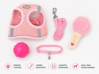 Pack Accesorios Mascota Rosa: Arnés, Correa, Jugue