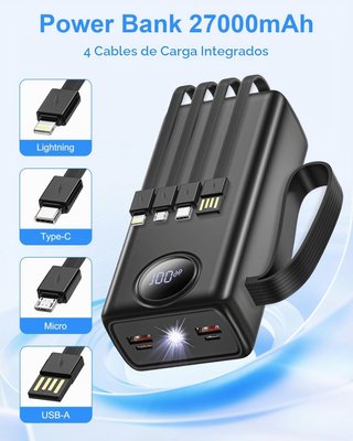 Power Bank 27000mAh 4 Cables Integrados
