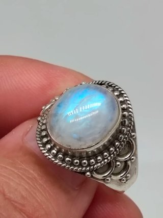 Anillo Plata 925 Piedra Luna Azul Blanco